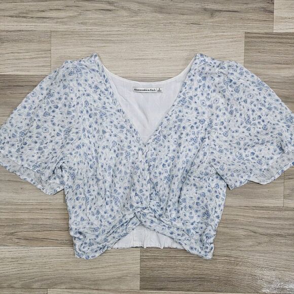 Abercrombie & Fitch Womens White Blue Floral Crop Top Small Flutter Sleeves - Picture 1 of 6